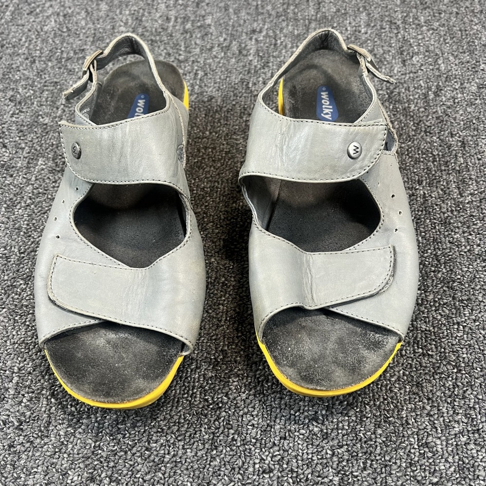Wolky Jewel Leather Platform Slingback Sandals 8W Grey Yellow Comfort